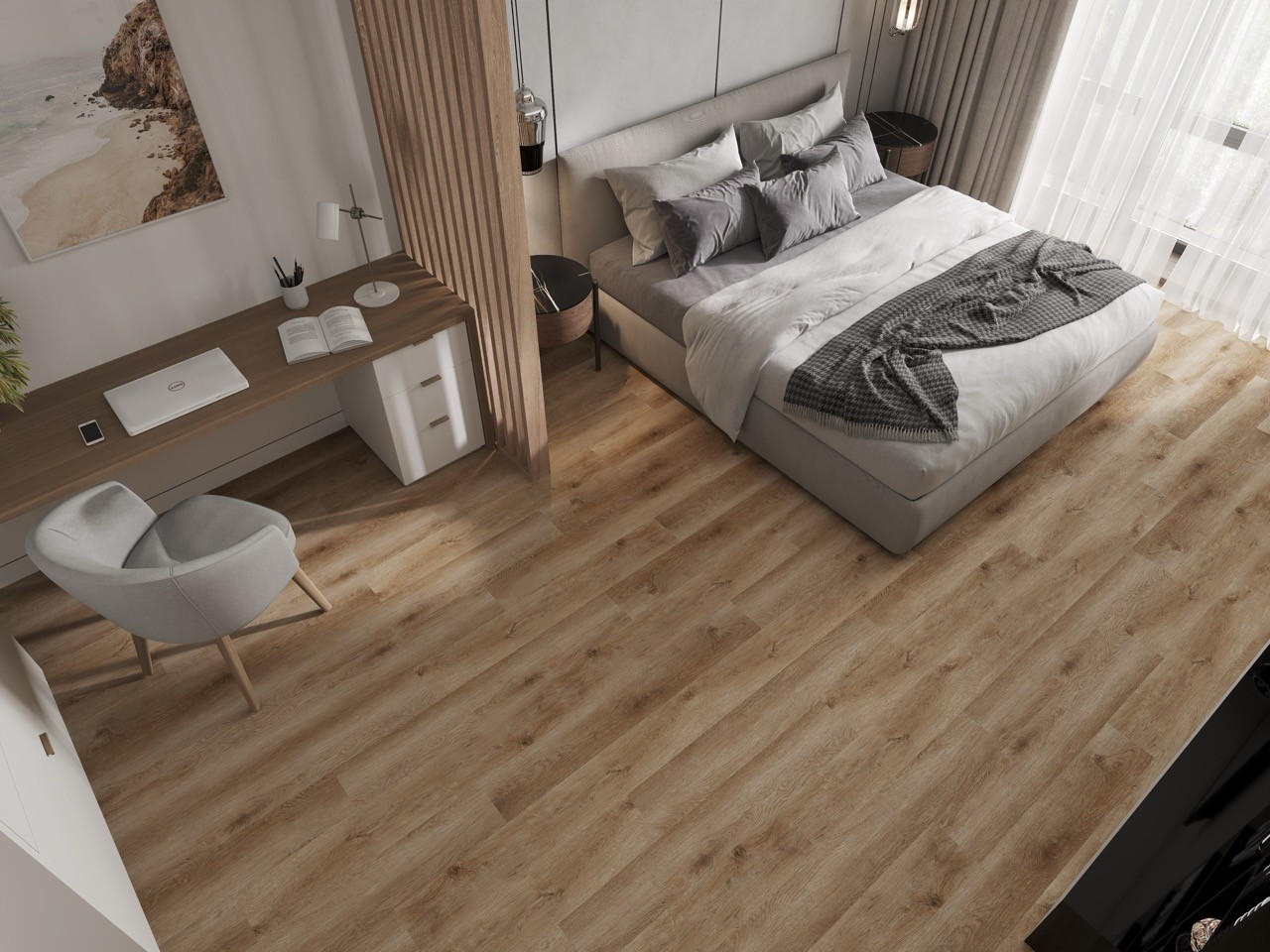 Кварцвиниловый SPC ламинат Cronafloor Nano Дуб Бремен ZH-82021-7 1200×180×3,5 фото в интерьере